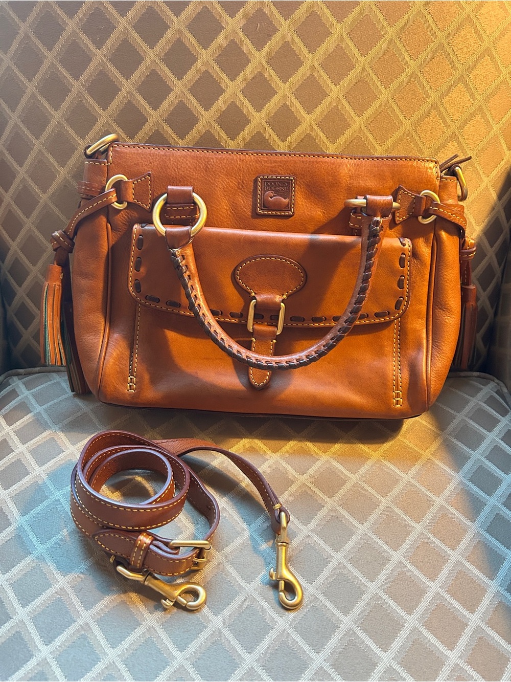 Vintage DOONEY & BOURKE Florentine Brown Leather Tassel Bag w/Strap and Dust Bag